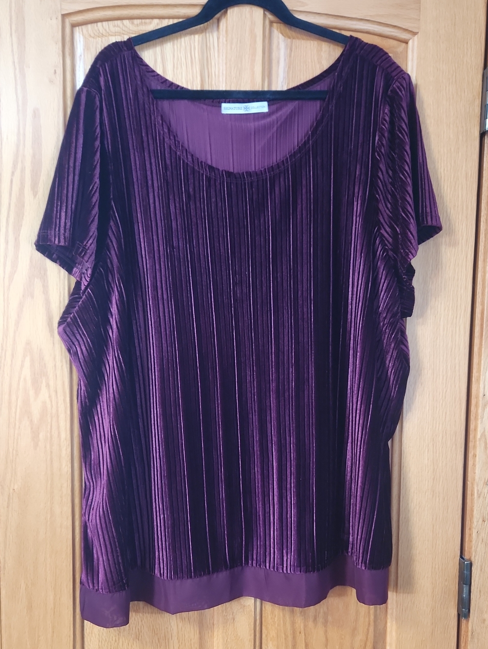 Pleated Velvet Scoop Neck Short Sleeve Top - Plum